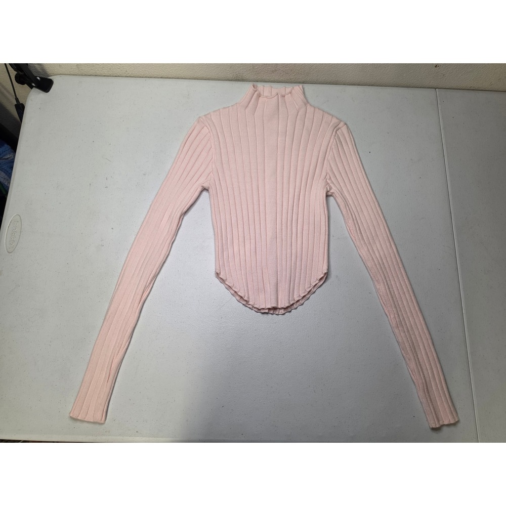 Altar'd State Pink Ribbed Mock Neck Curved Hem Long Sleeve Top Small